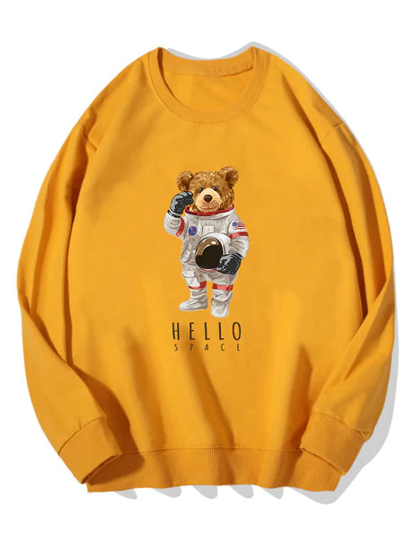 Astronaut Bear Print Cotton Sweatshirt-Vacay Outfit