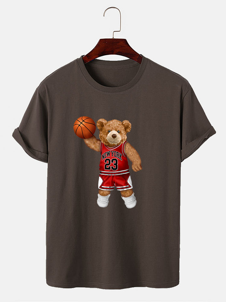 Bear Playing Basketball Print T-Shirt-Vacay Outfit