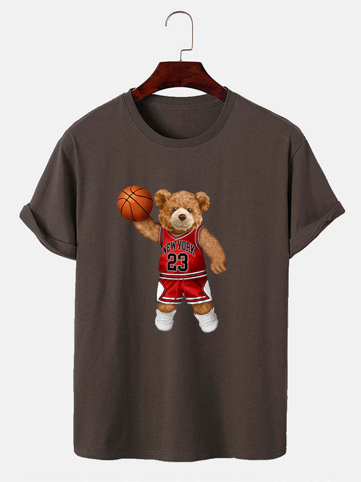 Bear Playing Basketball Print T-Shirt-Vacay Outfit