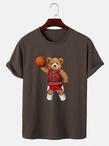 Bear Playing Basketball Print T-Shirt-Vacay Outfit