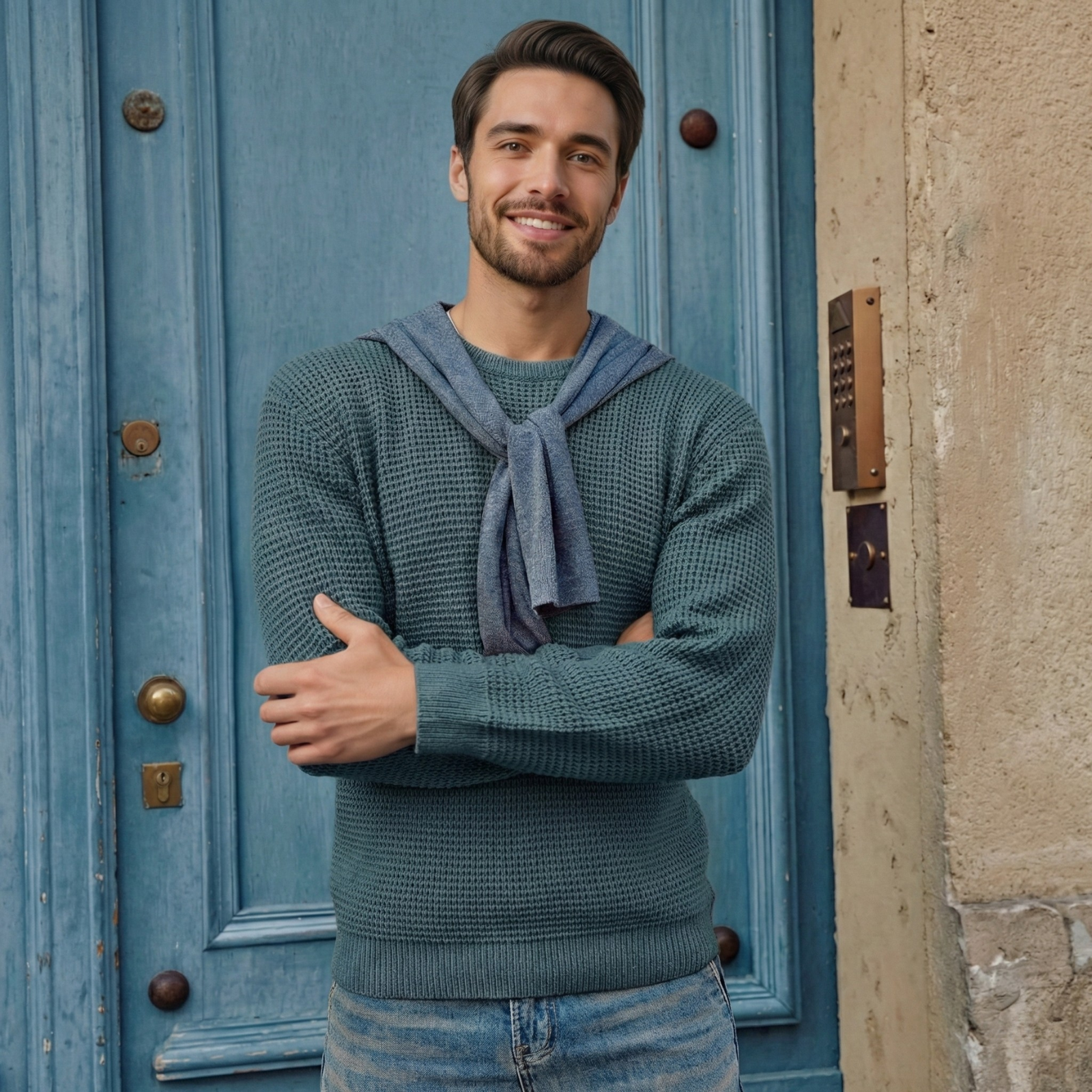 Waffle Textured Long Sleeve Knit Pullover