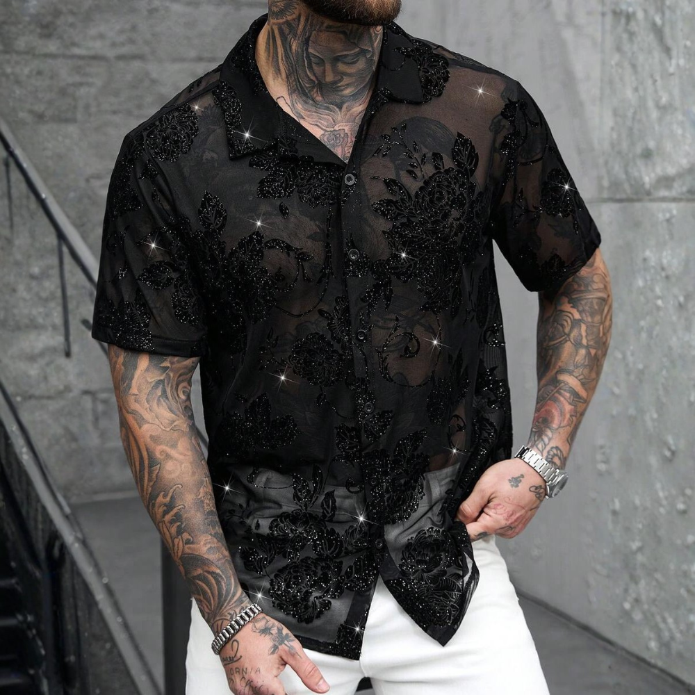 Glitter Rhinestone Mesh Cuban Collar Short Sleeve Party Shirt For Men