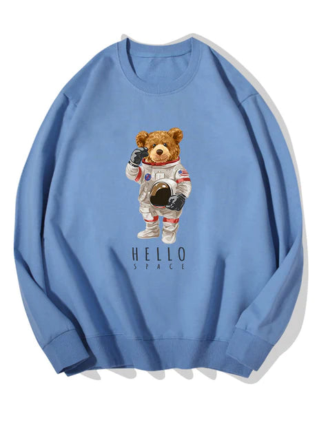 Astronaut Bear Print Cotton Sweatshirt-Vacay Outfit