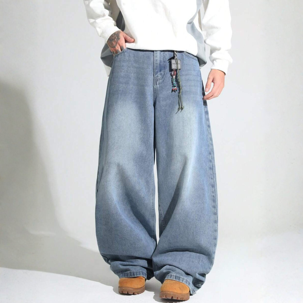 Loose Washed Denim Casual Baggy Wide Jeans For Men