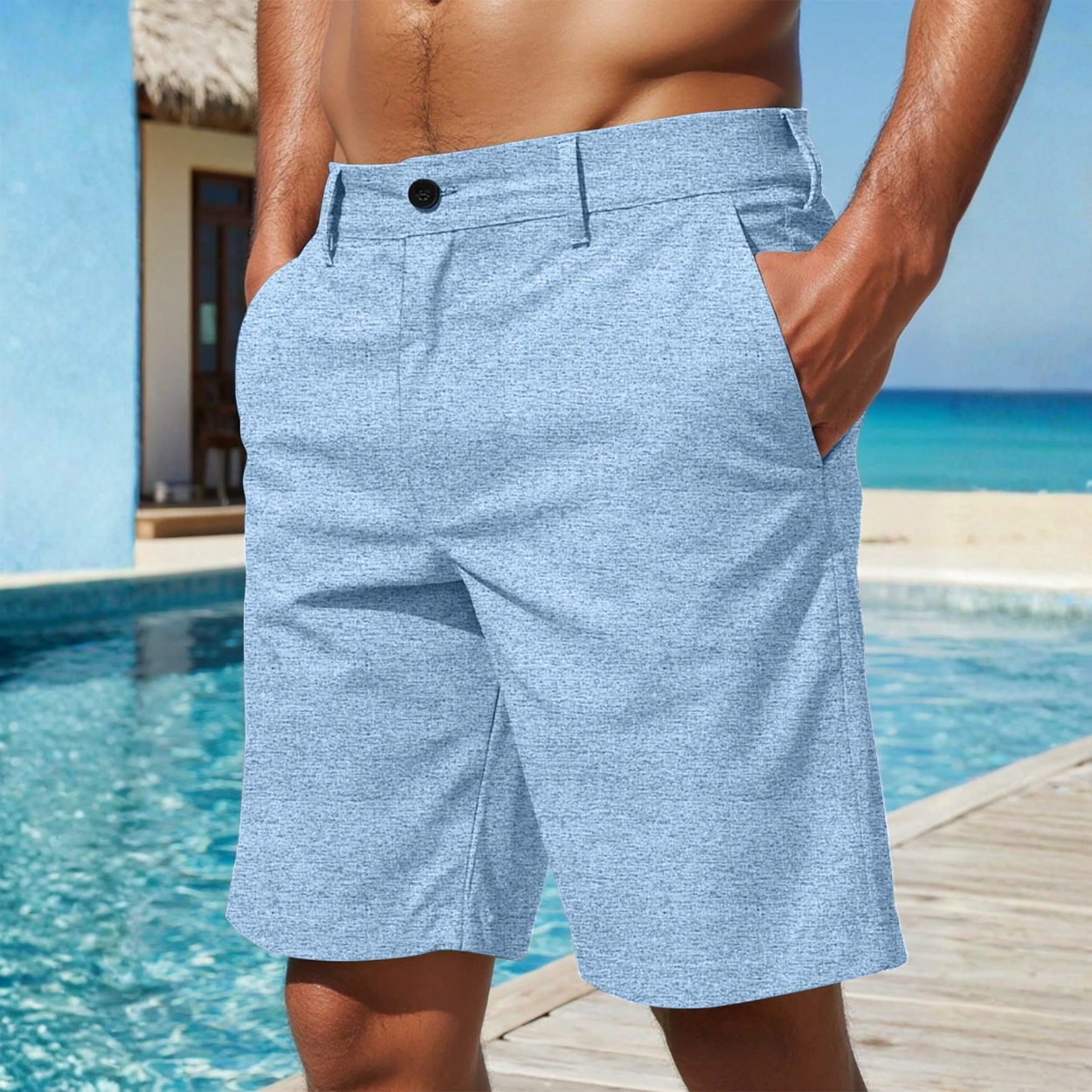 Loose Linen Slant Pocket Length Shorts For Men