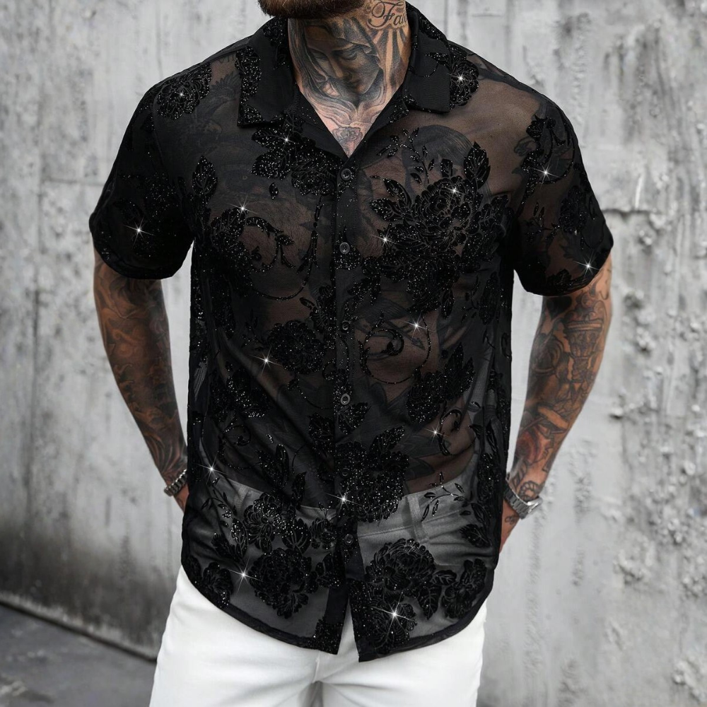 Glitter Rhinestone Mesh Cuban Collar Short Sleeve Party Shirt For Men
