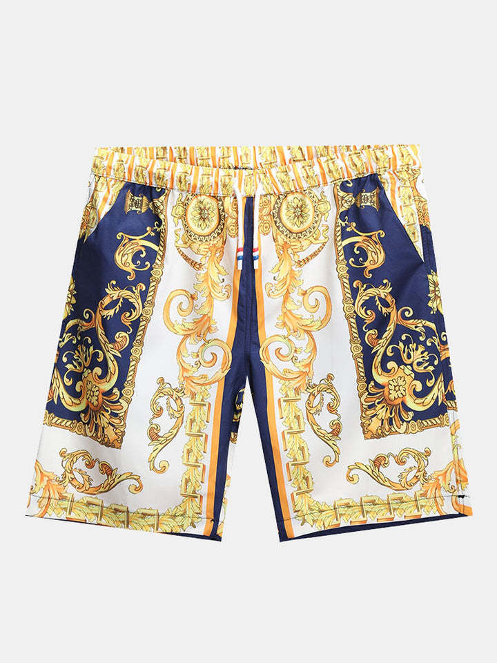 Baroque Print Button Up Shirt And Shorts-Vacay Outfit