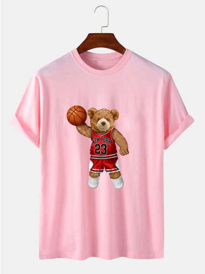 Bear Playing Basketball Print T-Shirt-Vacay Outfit