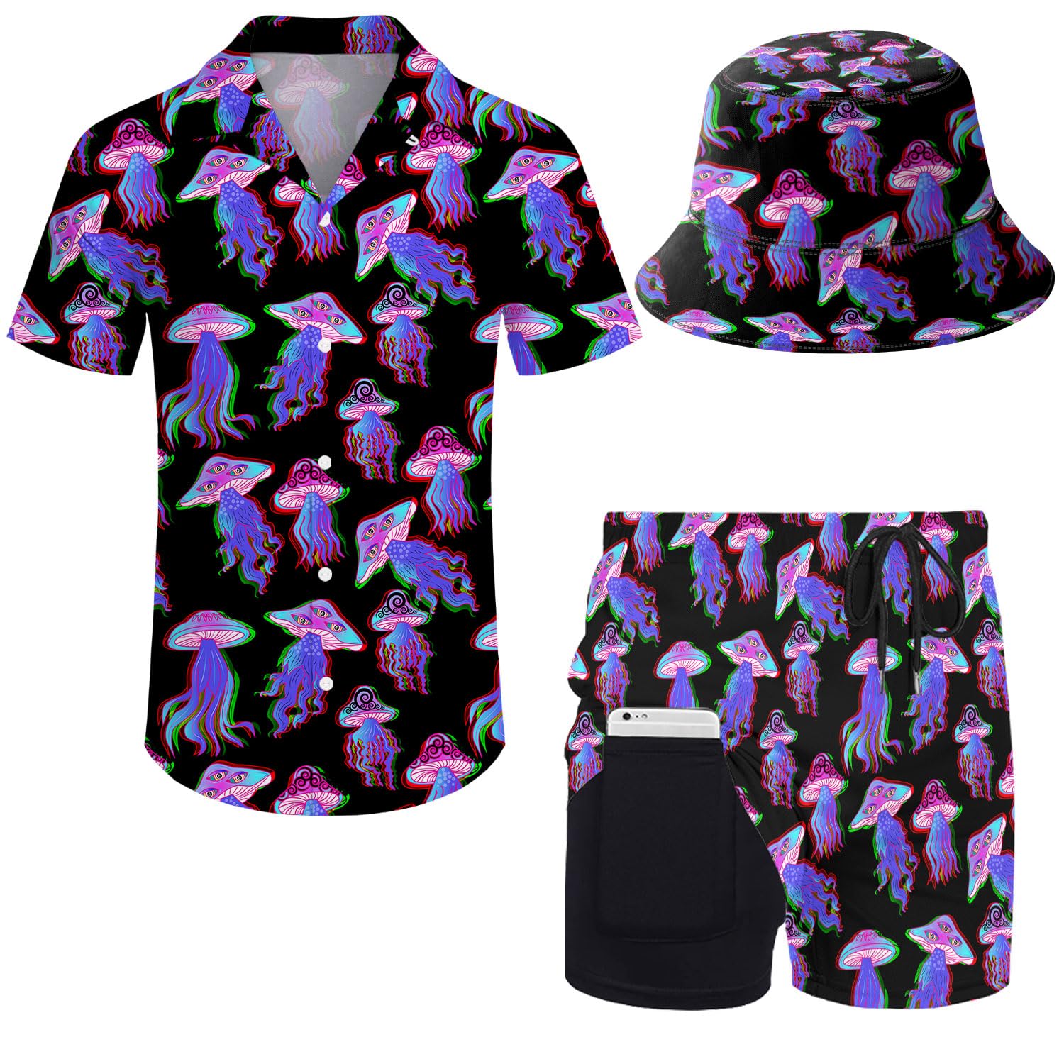 2 Pieces Button Down Shirt and Compression Liner Short Sets with Bucket Hats For Men