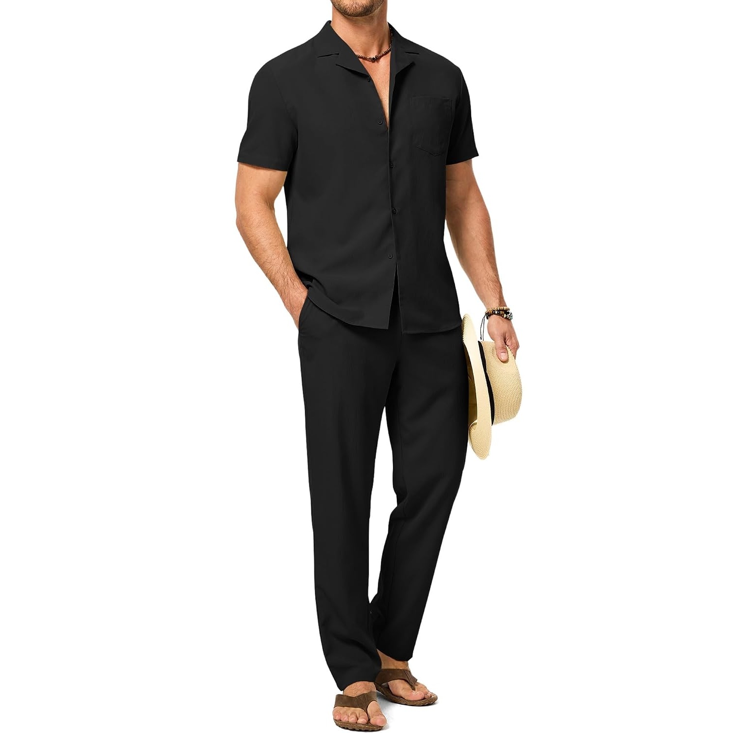 Casual Beach Short Sleeve Shirt And Pant Set For Men