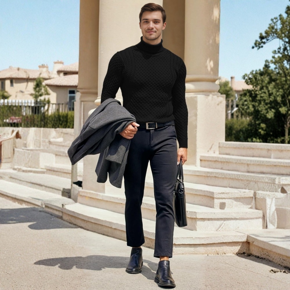 Men's Slim Fit Turtleneck Sweater Casual Knitted Twisted Pullover Solid Sweaters