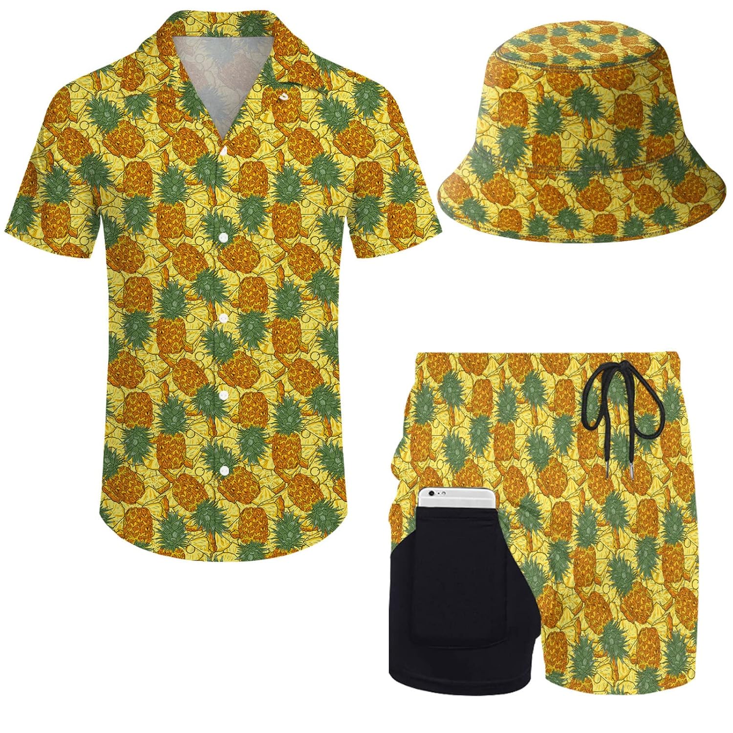 2 Pieces Button Down Shirt and Compression Liner Short Sets with Bucket Hats For Men