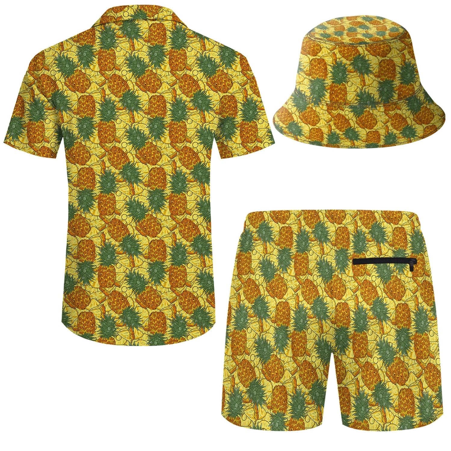 2 Pieces Button Down Shirt and Compression Liner Short Sets with Bucket Hats For Men