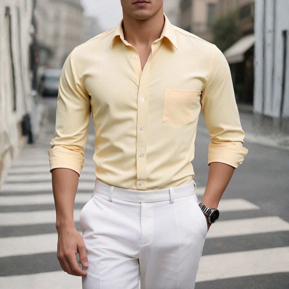 Plain Simple Long Sleeve Formal Dress Shirt Daily Wear For Men