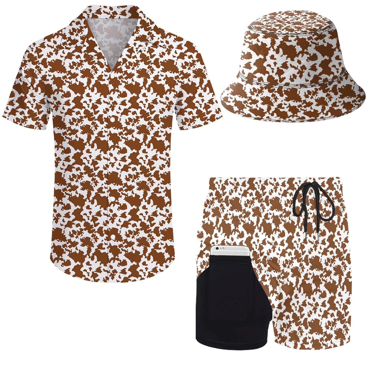 2 Pieces Button Down Shirt and Compression Liner Short Sets with Bucket Hats For Men