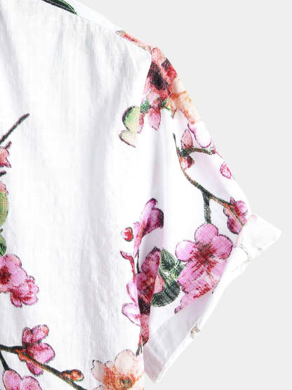 Men Flower Print Hawaiian Short Sleeve Shirt-Vacay Outfit