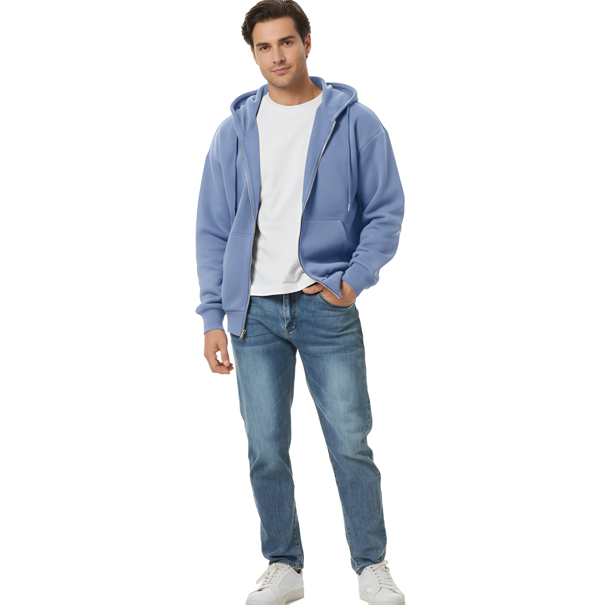 Full Zip Casual Cotton Hooded Fleece Sweatshirt For Men