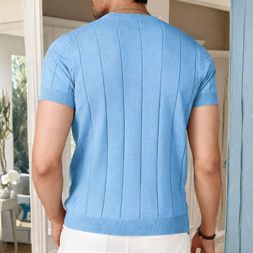 Short Sleeve Solid Knit Vertical Striped Top For Men