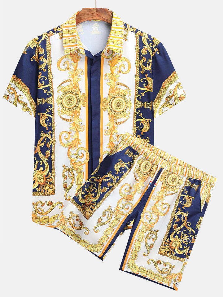 Baroque Print Button Up Shirt And Shorts-Vacay Outfit