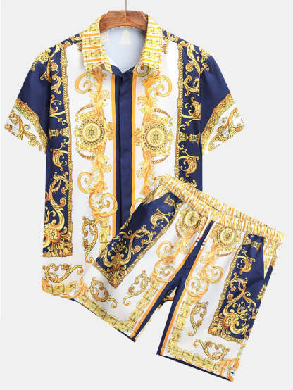 Baroque Print Button Up Shirt And Shorts-Vacay Outfit