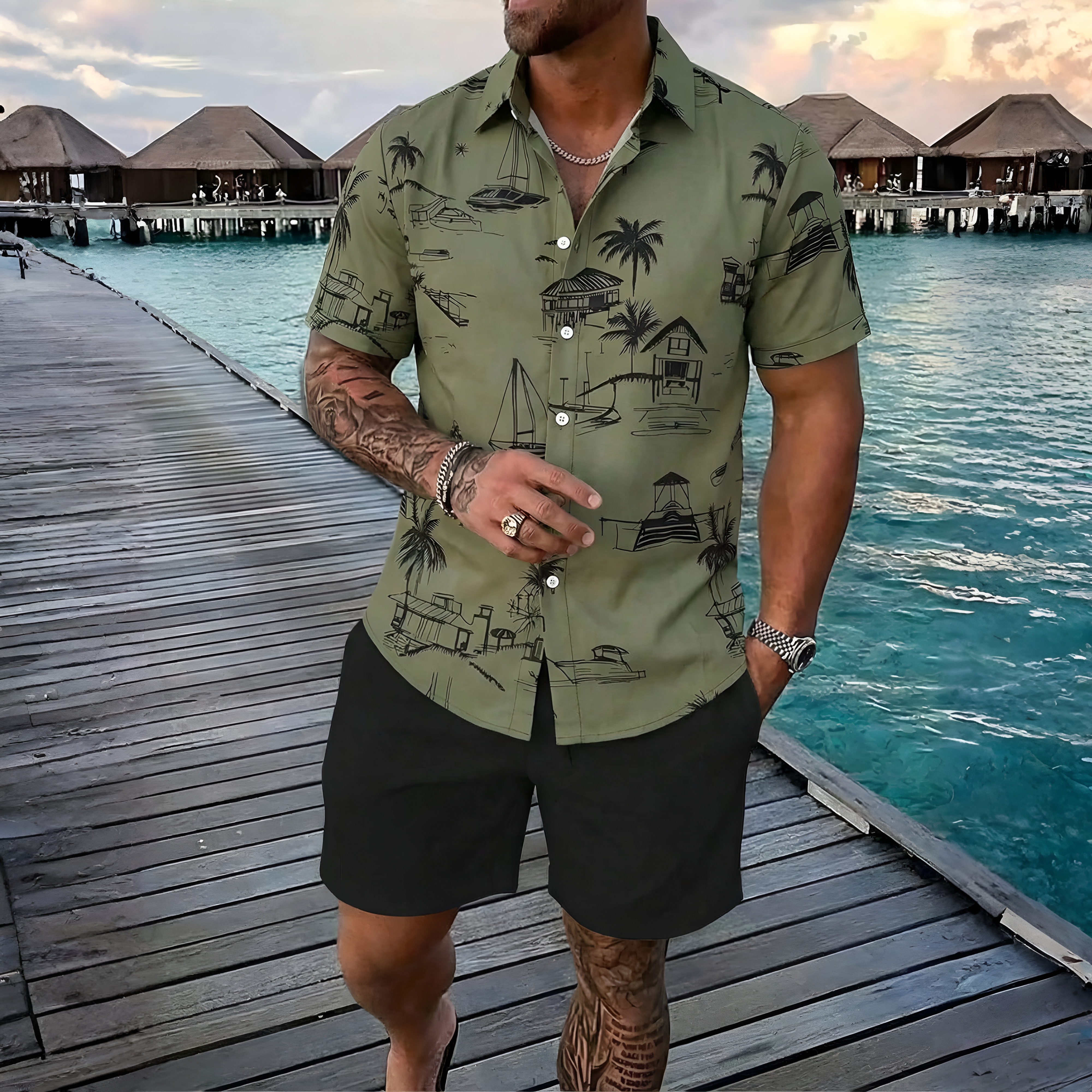 Summer Vacation House Print Short Sleeve Shirt And Shorts Set For Men