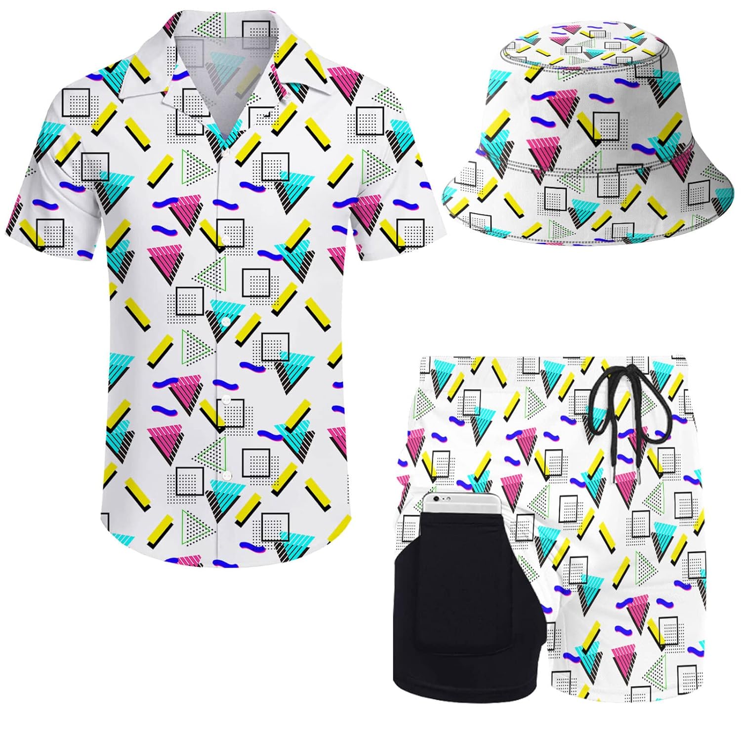 2 Pieces Button Down Shirt and Compression Liner Short Sets with Bucket Hats For Men