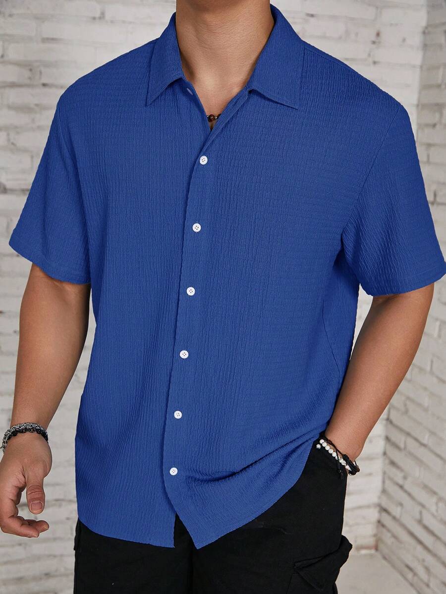 Loose Fit Textured Button Up Shirts-Vacay Outfit