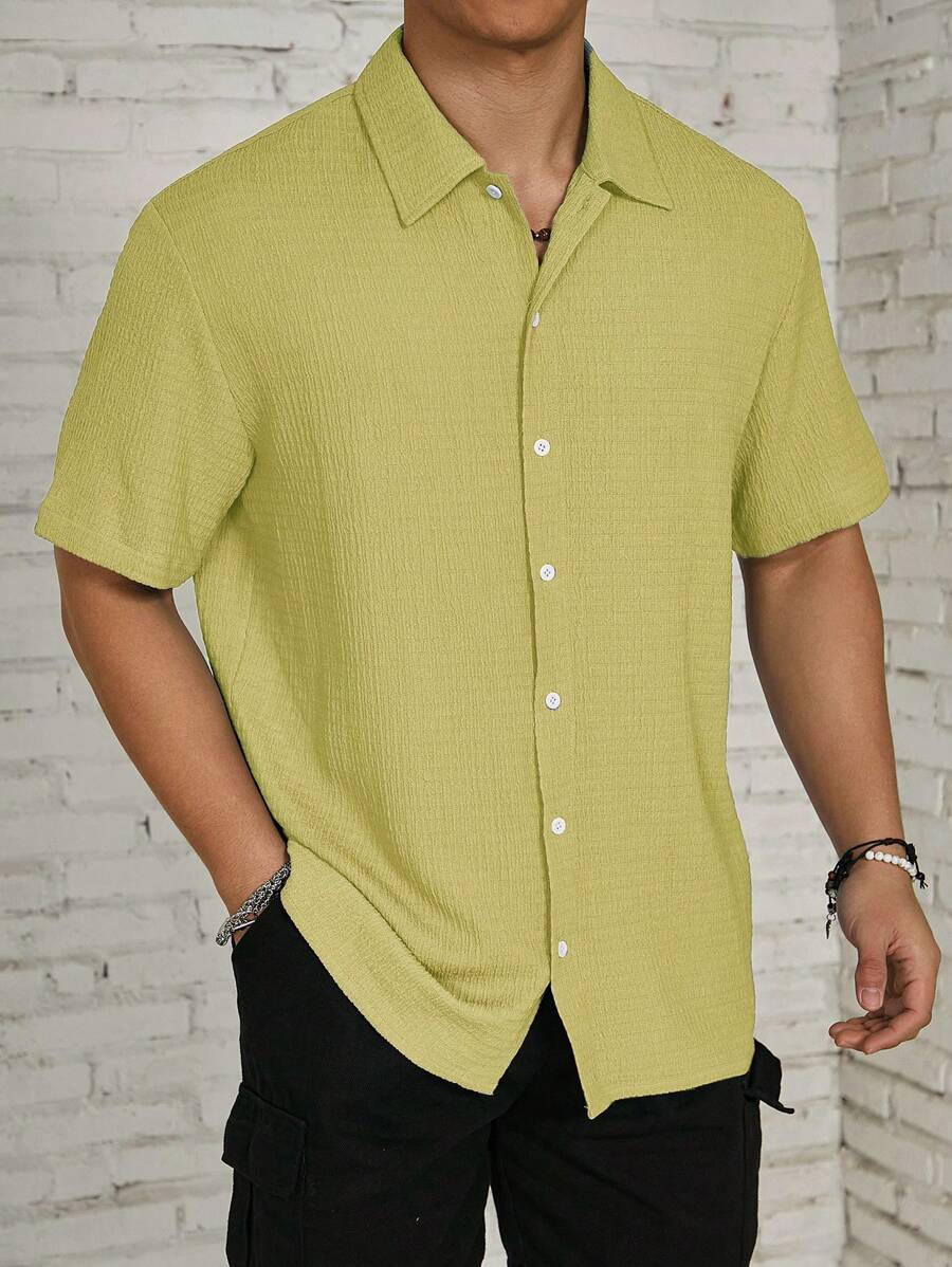 Loose Fit Textured Button Up Shirts-Vacay Outfit