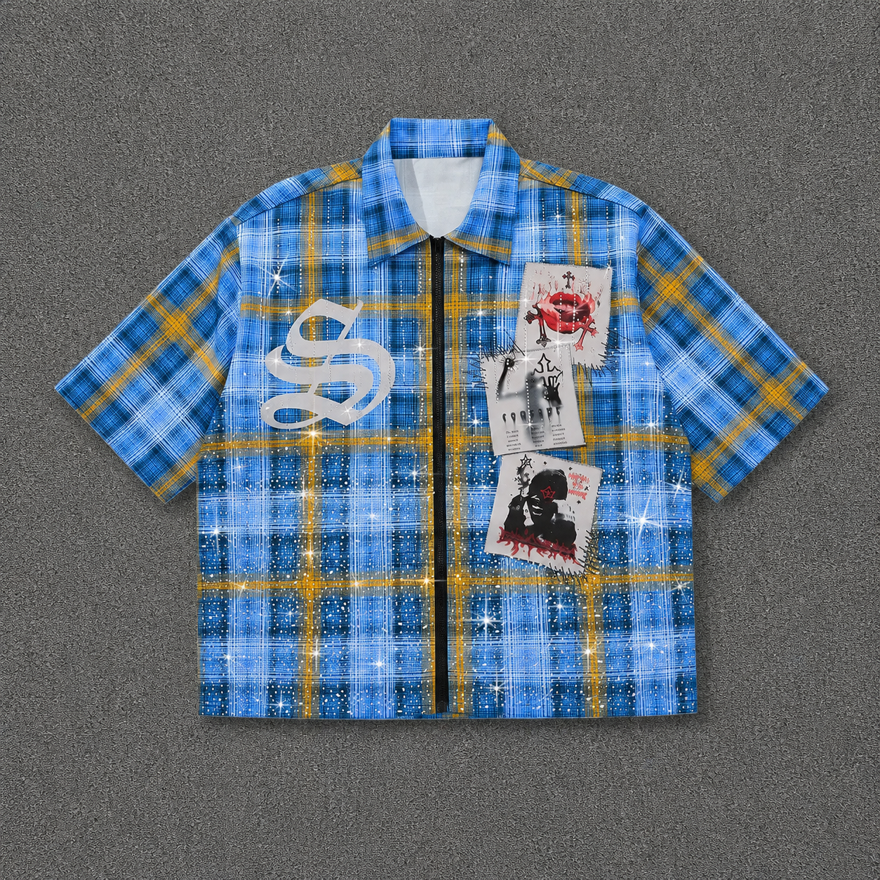 Graphic Print Rhinestone Plaid Casual Fitted Shirt For Men