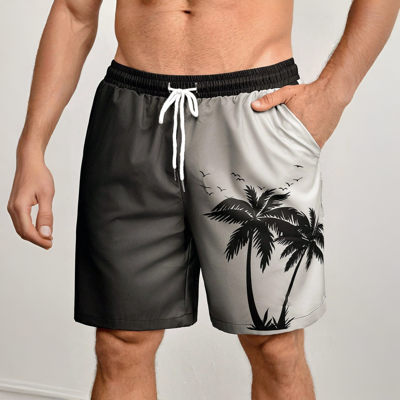 Coconut Tree Ombre Print Drawstring Swim Trunks For Men
