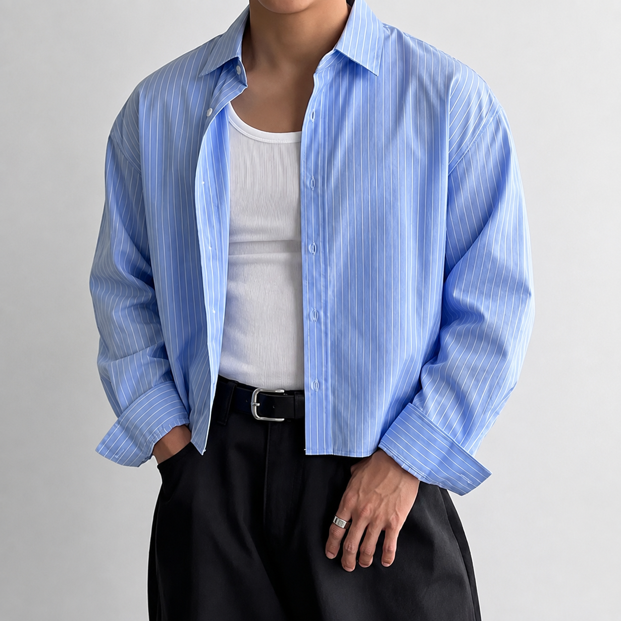  Minimalist Striped Long Sleeve Button Up Cropped Top Shirt For Men