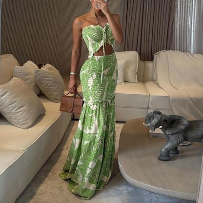 Women's Tropical Print Drawstring Ruched Shirred Frill Trim Bandeau Vacation Dress