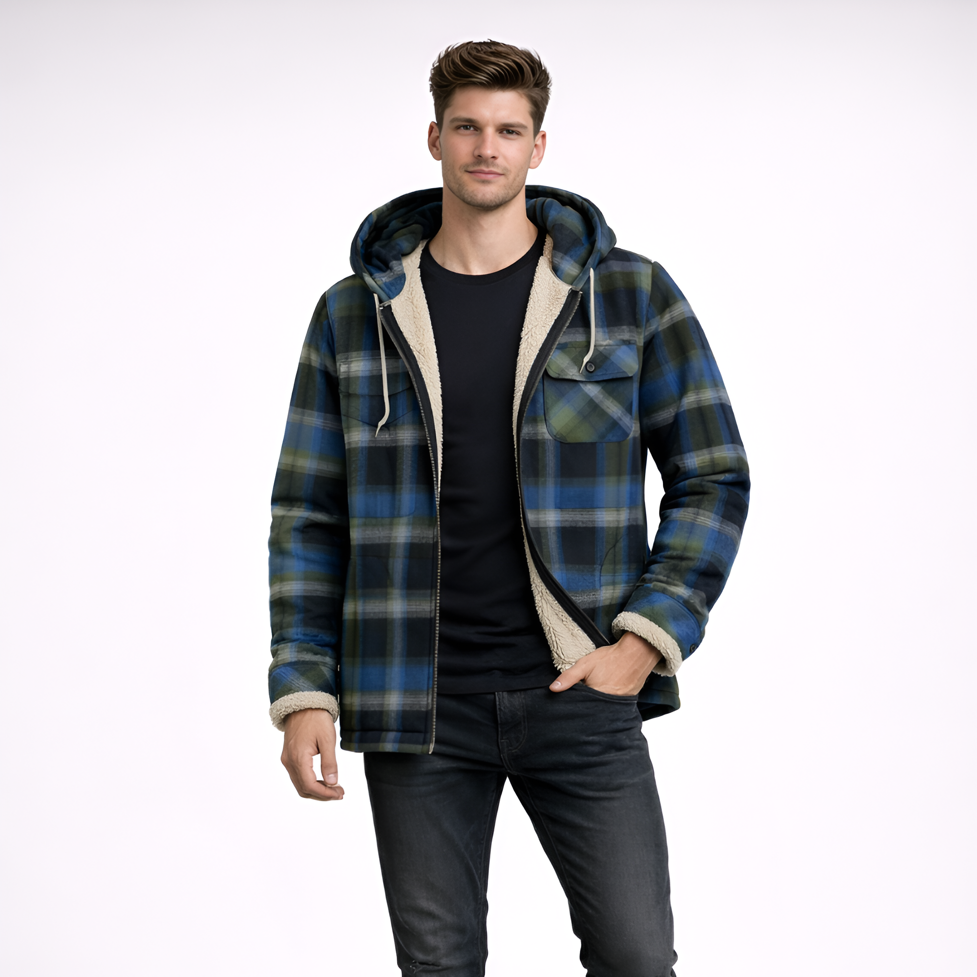 Plaid Fleece Lined Full Zip Flannel Jacket With Hood For Men