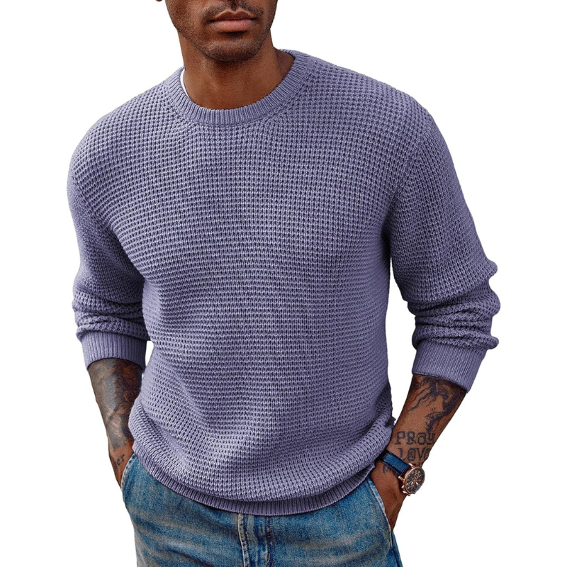 Mens Pullover Sweater Waffle Textured Long Sleeve Knitted Sweaters