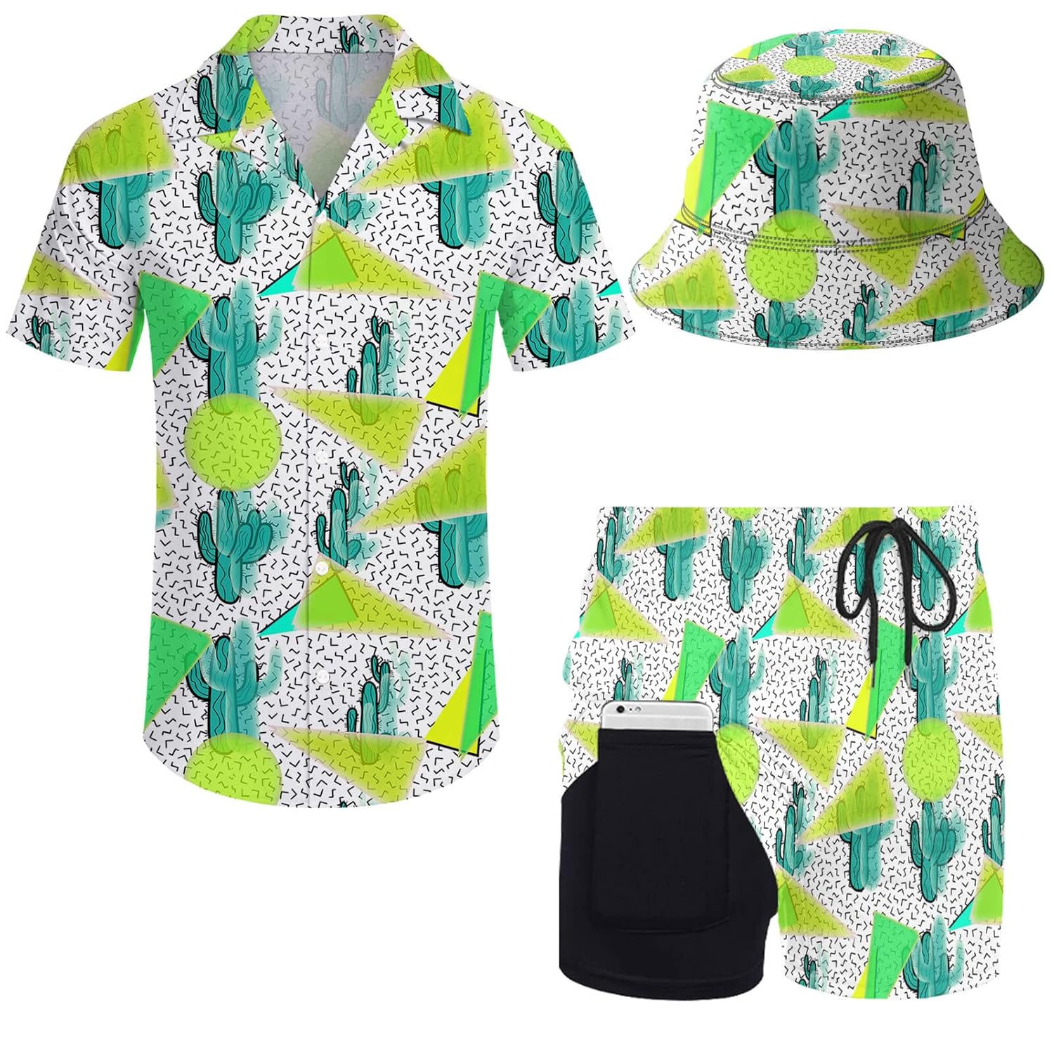2 Pieces Button Down Shirt and Compression Liner Short Sets with Bucket Hats For Men