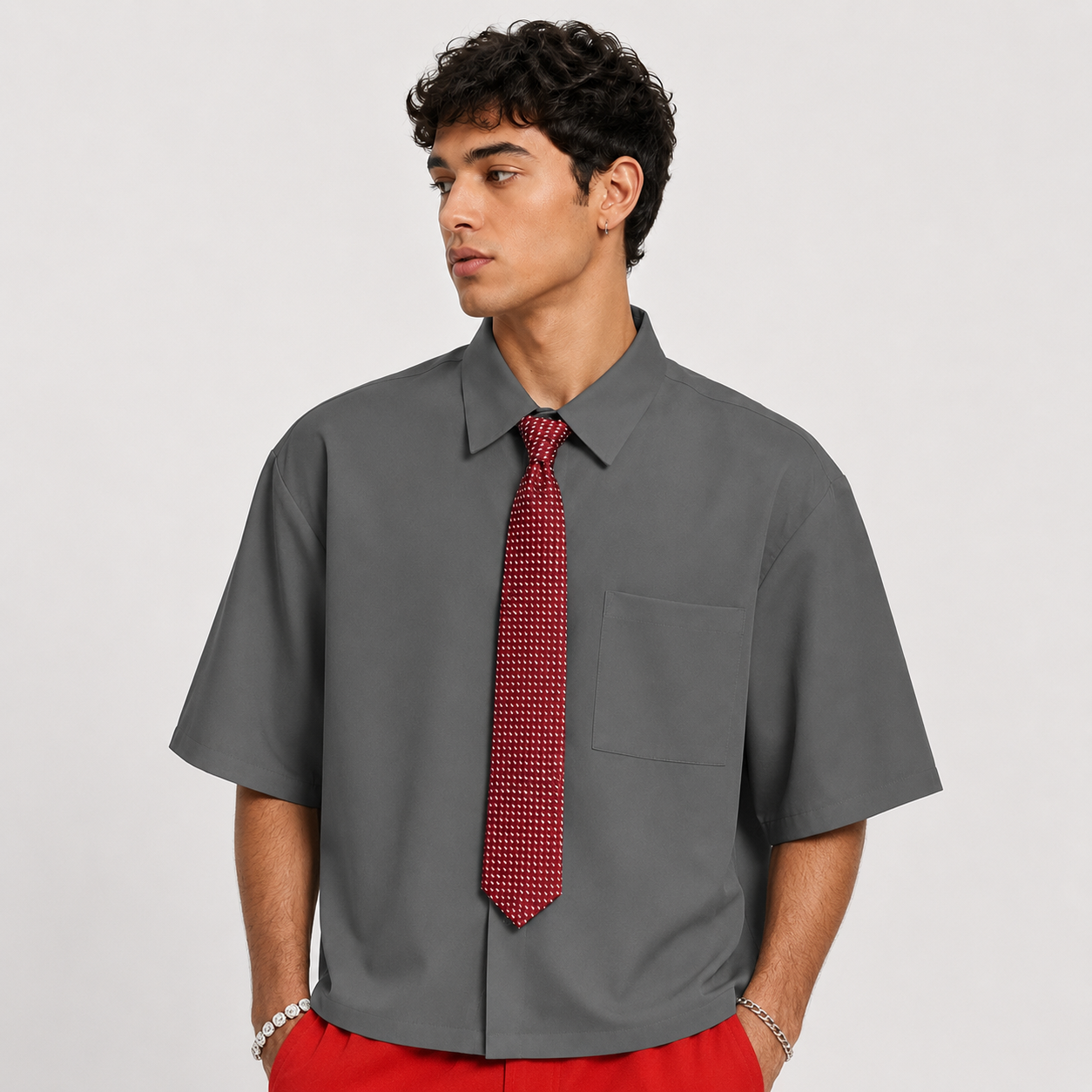 Solid Color Loose Fit Short Sleeve Shirt With Tie For Men