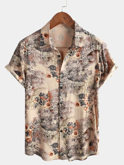 Men Floral Print Retro Casual Button Up Shirt-Vacay Outfit