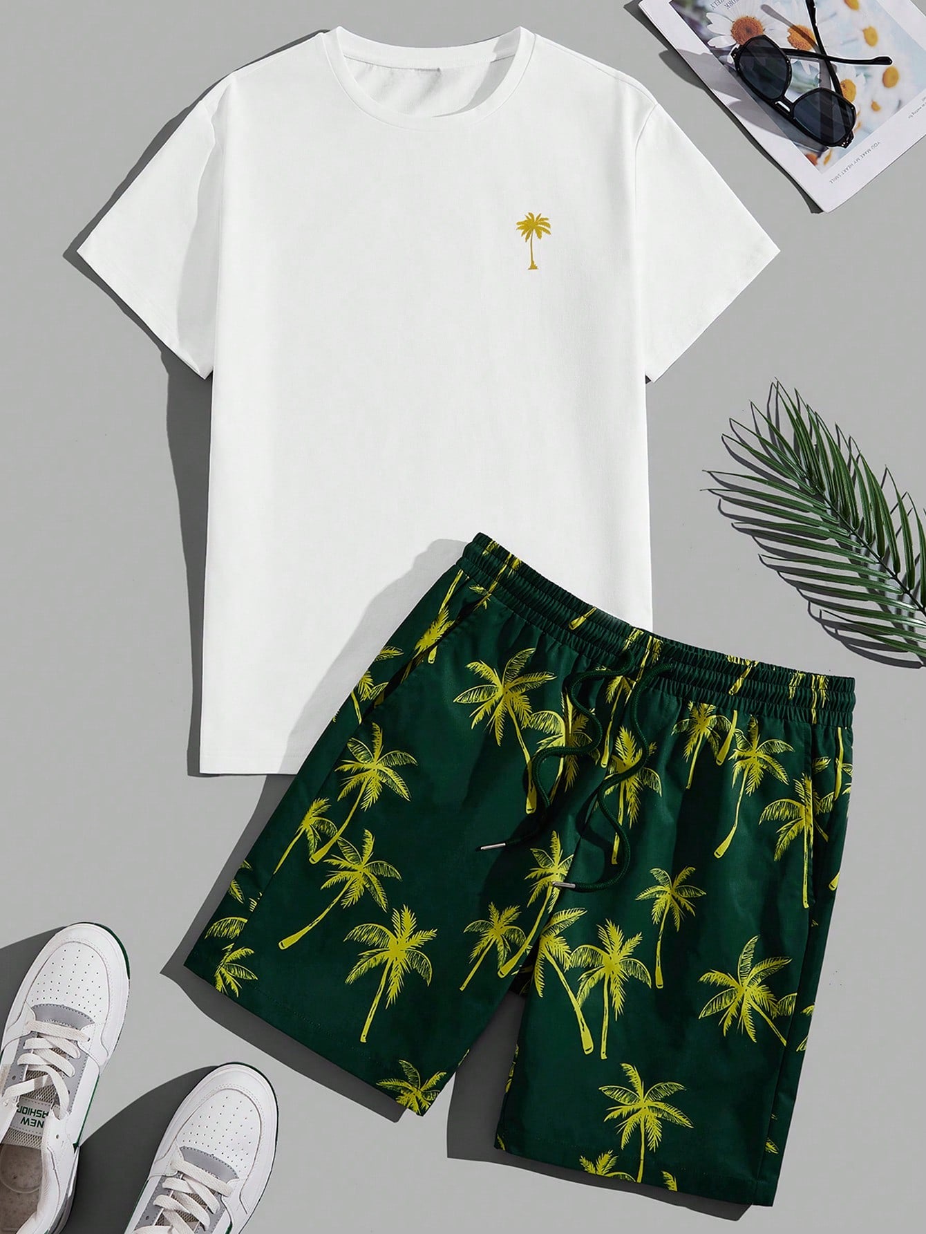 Palm Breeze Tee And Shorts Set-Vacay Outfit