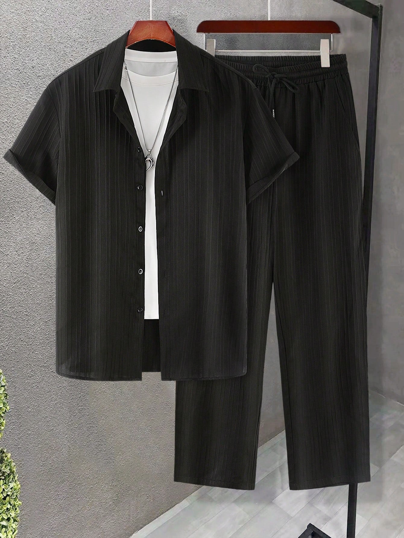 Solid Colored Button Up Shirt And Pants Without Tee-Vacay Outfit