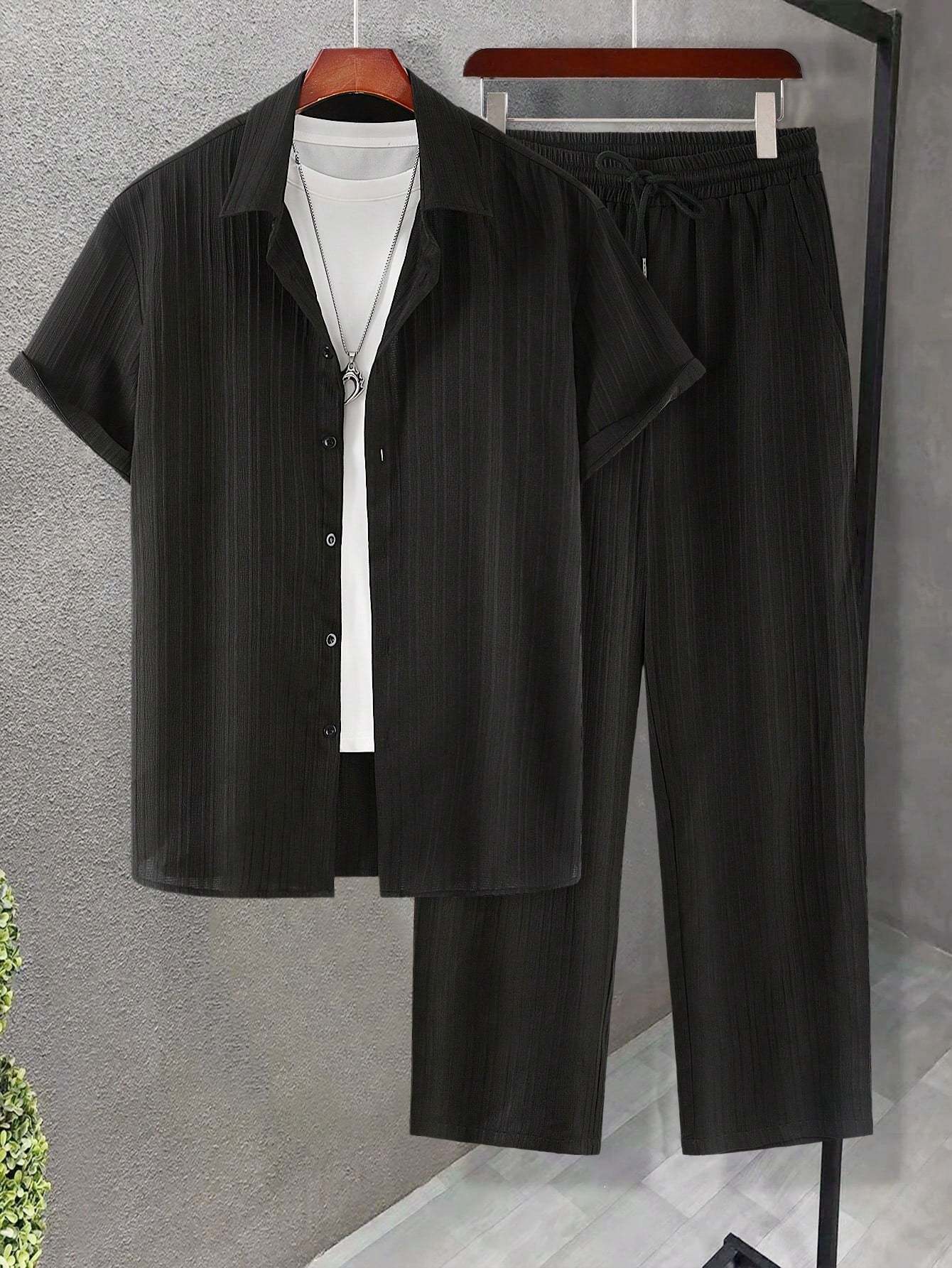 Solid Colored Button Up Shirt And Pants Without Tee-Vacay Outfit