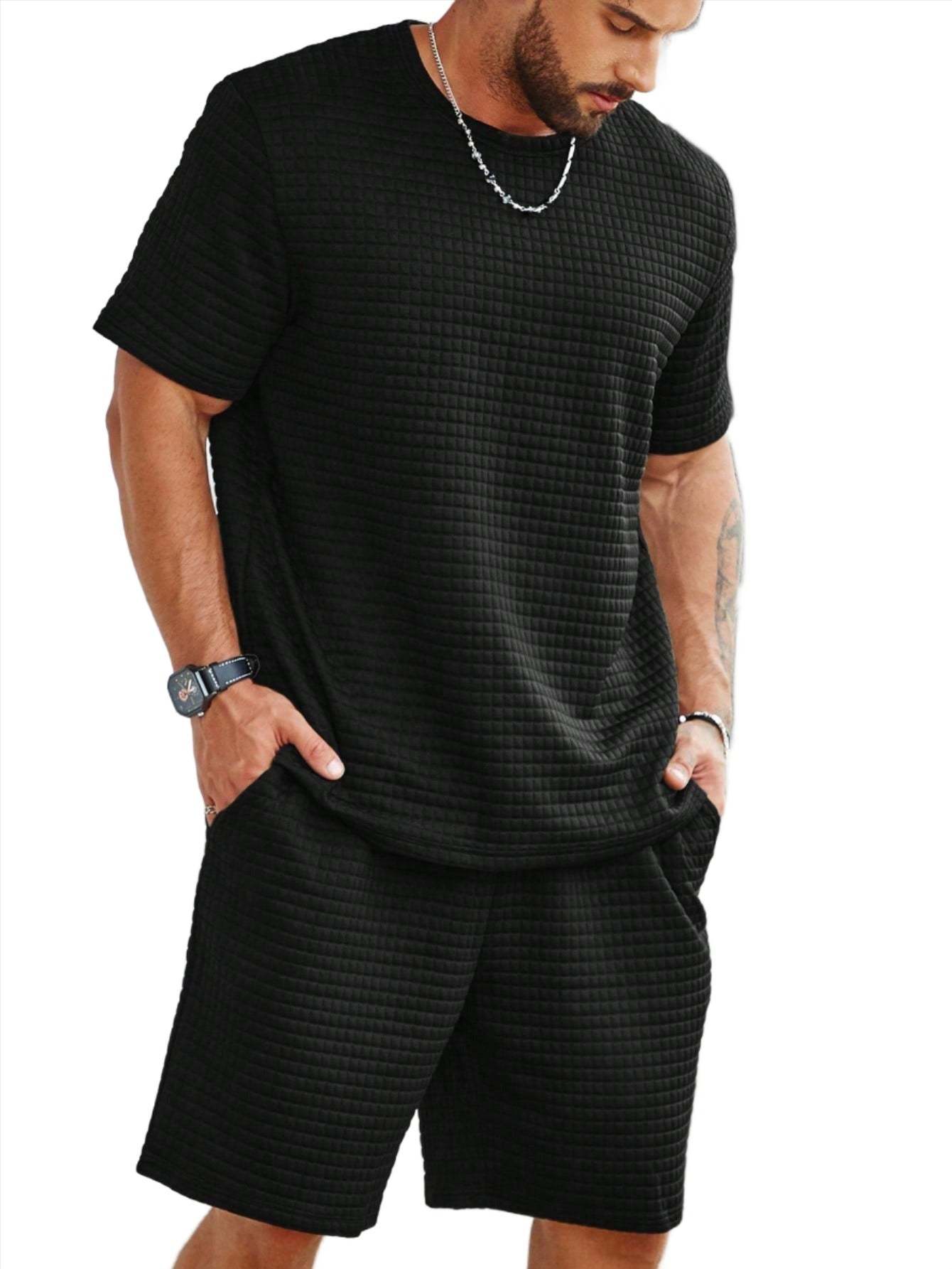 Solid Colored Tee And Drawstring Shorts-Vacay Outfit