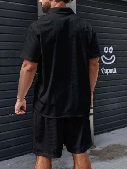 Solid Colored Button Up Shirt And Shorts-Vacay Outfit