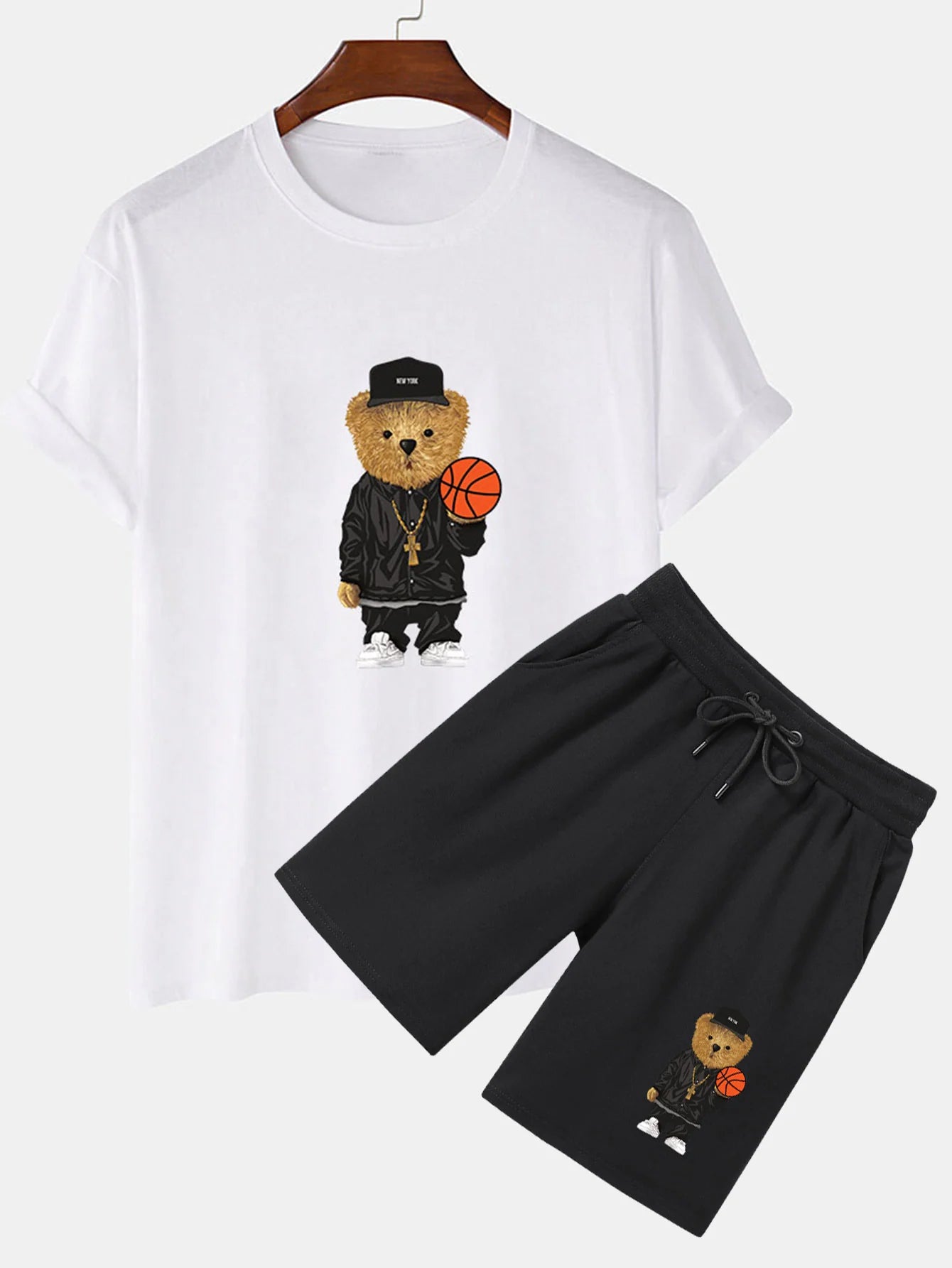 Basketball Bear Print T-Shirt And Shorts-Vacay Outfit