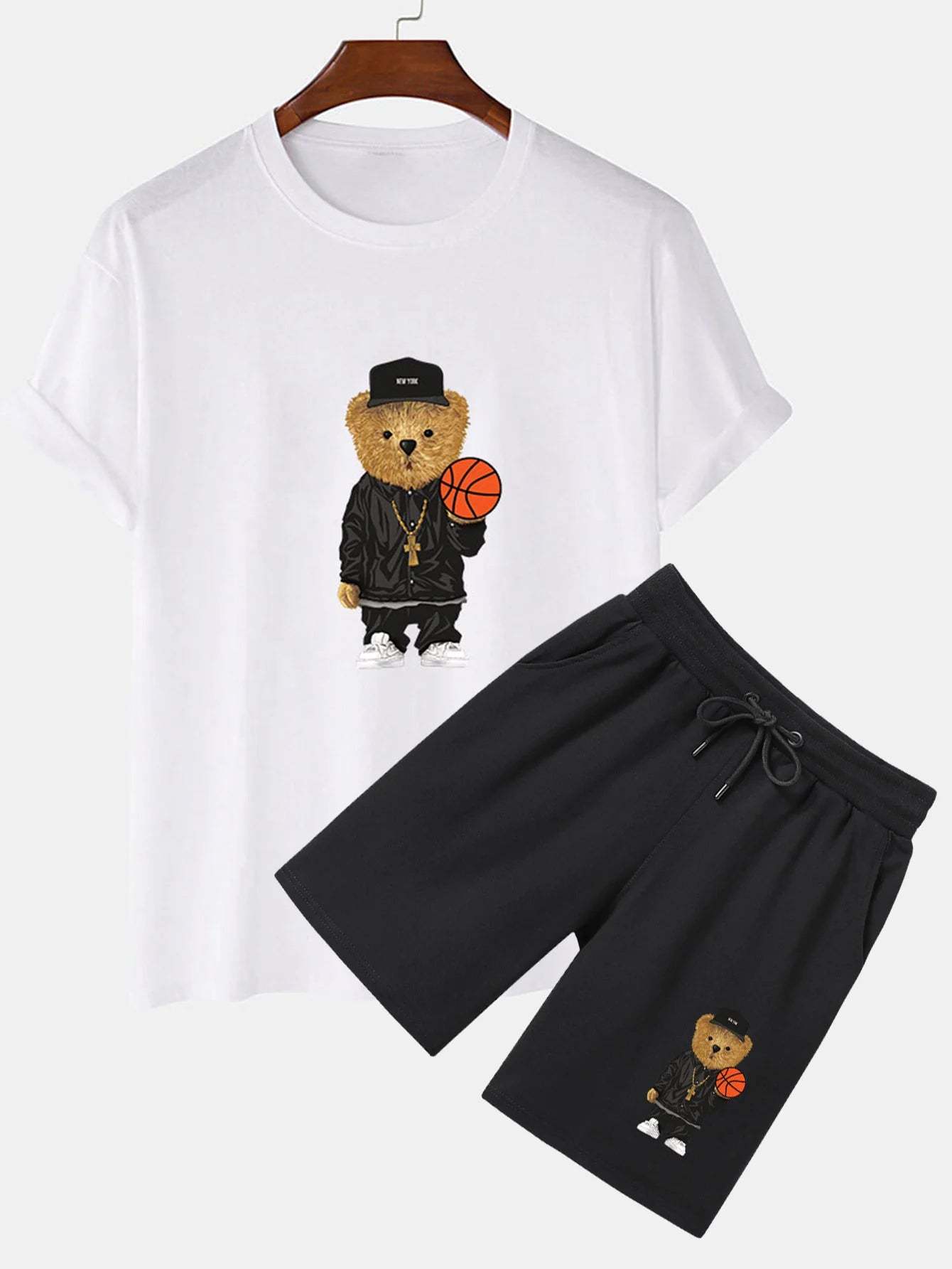 Basketball Bear Print T-Shirt And Shorts-Vacay Outfit
