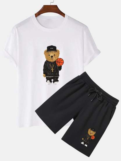 Basketball Bear Print T-Shirt And Shorts-Vacay Outfit