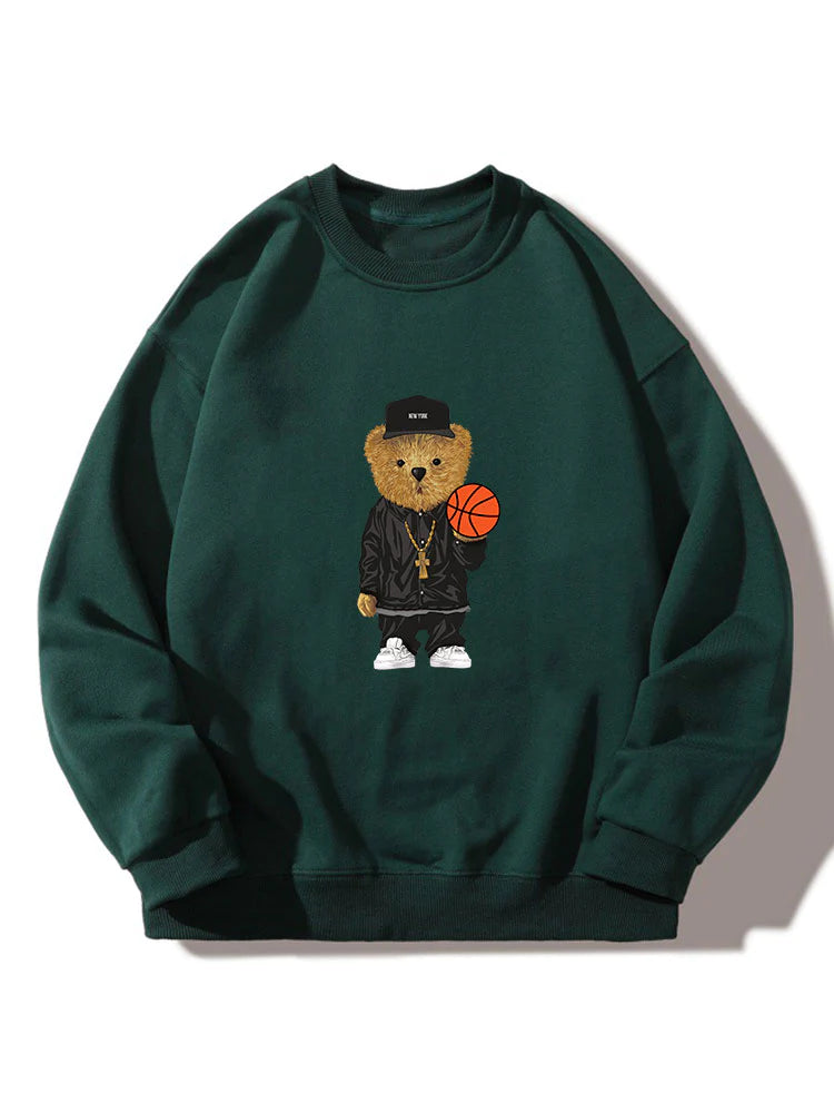 Basketball Bear Print Crew Neck Sweatshirt-Vacay Outfit