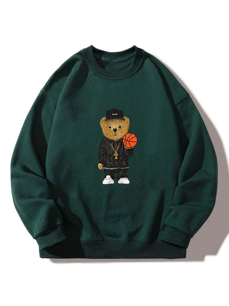 Basketball Bear Print Crew Neck Sweatshirt-Vacay Outfit