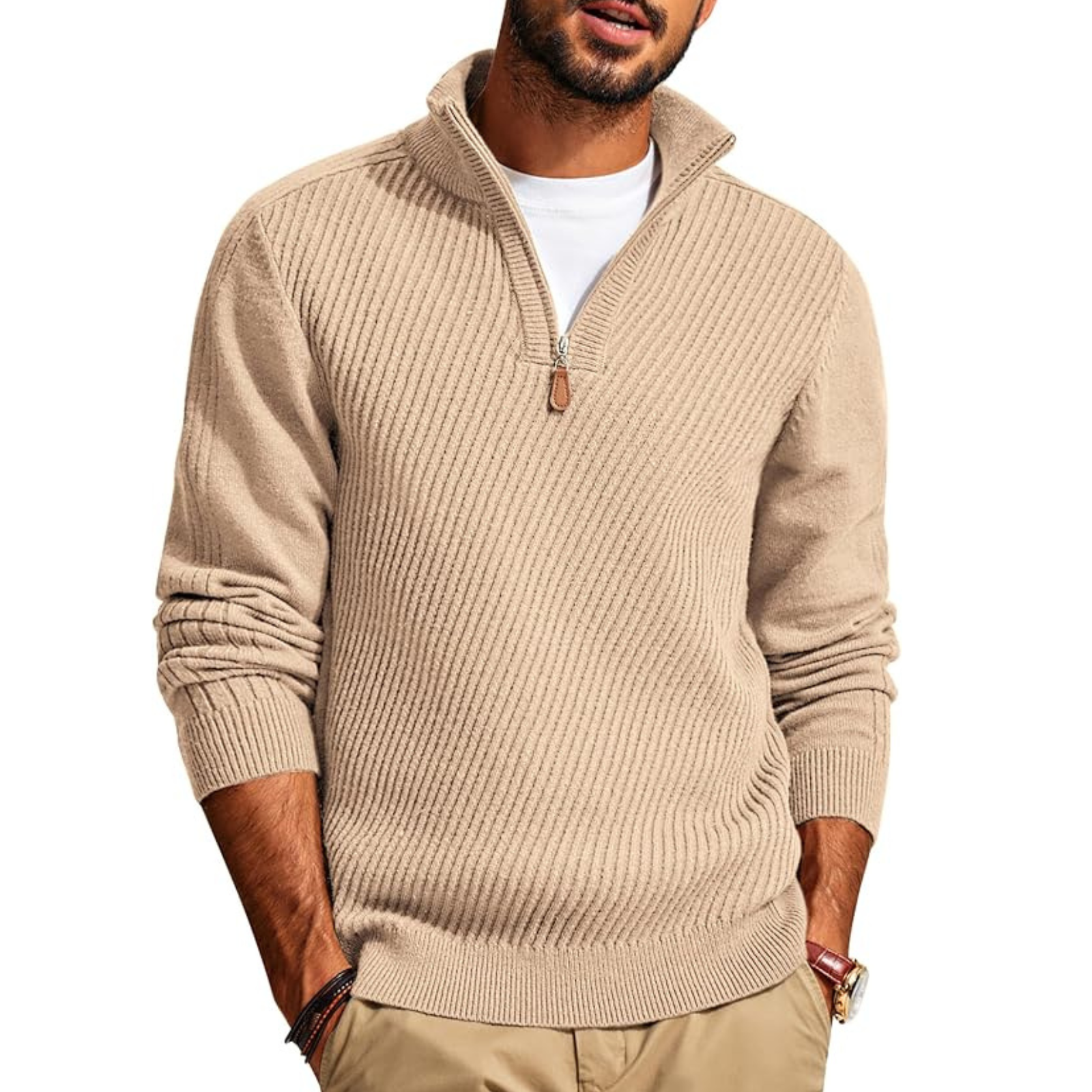 Textured Knit Quarter Zip Pullover Sweater For Men