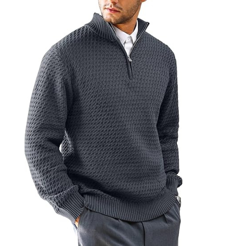 Classic Quarter Zip Textured Pullover Sweater In Slim Fit Style For Men