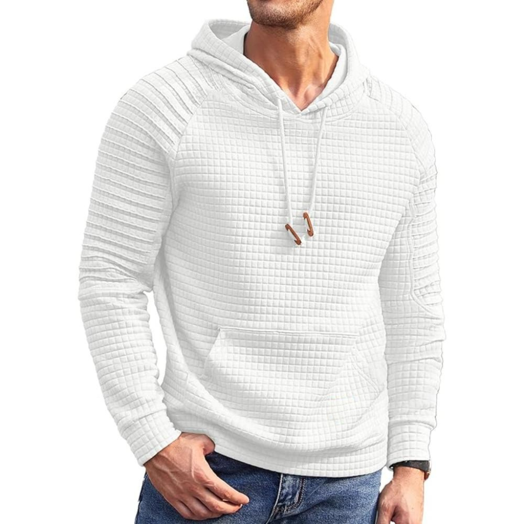 Men Long Sleeve Waffle Knit Pullover Hoodie with Kangaroo Pocket
